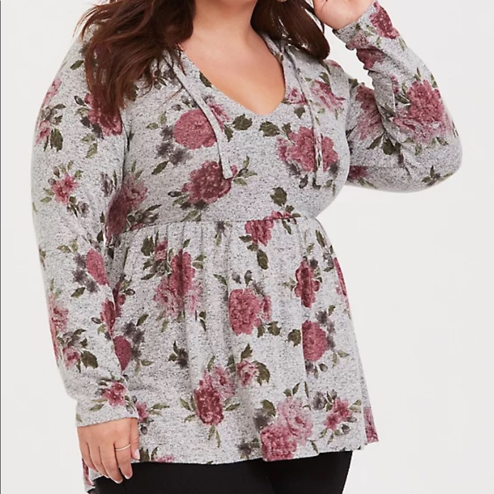 SUPER SOFT PLUSH GREY FLORAL BABYDOLL HOODIE